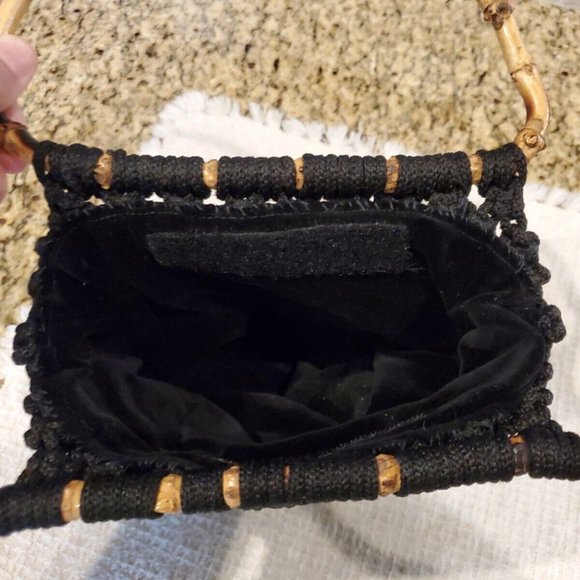 Vintage Boho Black Macrame Purse with Wood Beads & Rattan Handle - Picture 3 of 5
